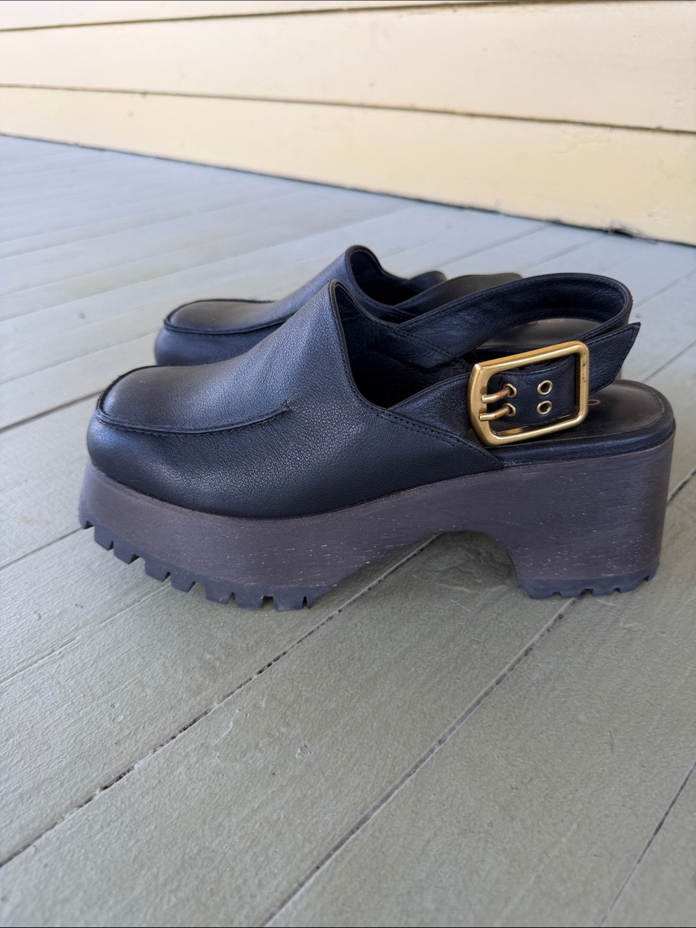 Charlotte Stone Black Leather Platform Slingback Clogs